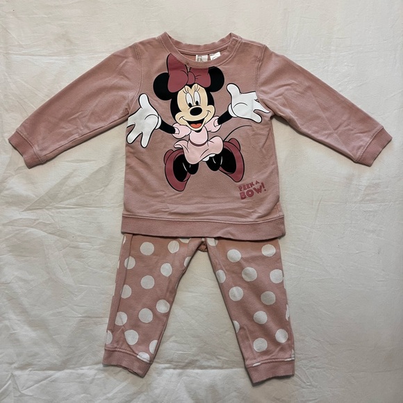 SOLD✨H&M Disney Minnie Mouse Sweatshirt Set (Size 12-18M) Blush Pink Polka Dot - Picture 4 of 12